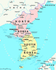 North Korea and South Korea political map with capitals Pyongyan