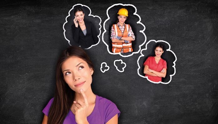 Career choice student thinking of choosing future job employement options banner panorama. Asian girl dreaming of different education paths at college degree.