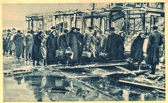 Bombardement of Berlin. Destroyed streets in Berlin during spring 1945. Berliners in destroyed town.