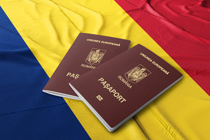 Romania passport on the Romanian flag, Romanian passport is an i
