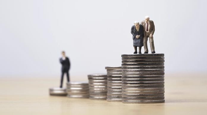 Miniature figure young man thinking and Couple Senior Pensioners