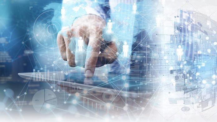 Business man observing fast speed dataflow