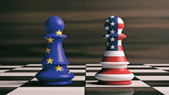 USA and European Union flags on chess pawns on a chessboard. 3d