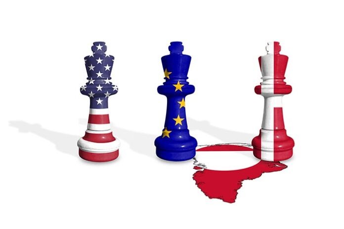 Chess made from USA, Denmark and EU flags on a Greenland map