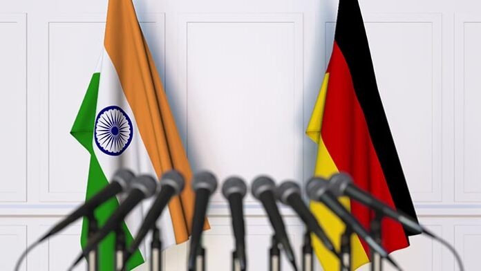 Flags of India and Germany at international meeting or conference. 3D rendering