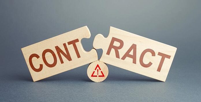 Two disassembled puzzles with word Conflict. Deal cancel. Violation of conditions and rules. Termination of cooperation, disagreement refusal to renew agreement. Anticipatory repudiation act.