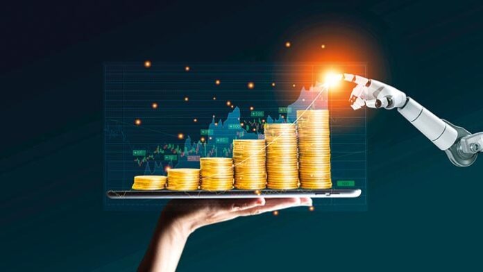 Robot trading concept. Robot hand represents use of artificial i