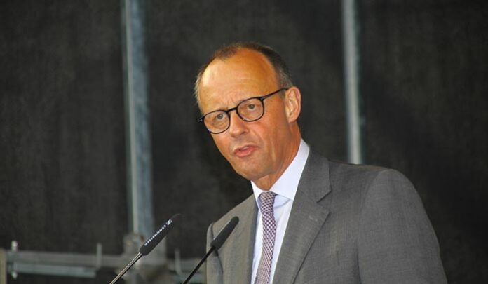 paderborn, nrw, germany, may, 04. 2022; cdu - party chairman friedrich merz speaks at an election campaign event, state elections in nrw,
