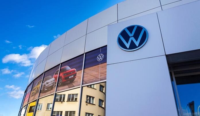 New Volkswagen company logo on dealership building on November 28, 2024 in Prague, Czech Republic.