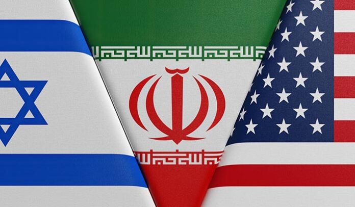 three flags: Israel, Iran and the United States of America