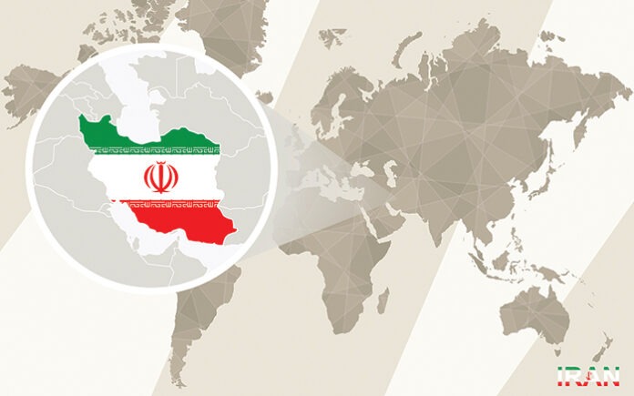 Zoom on Iran Map and Flag. World Map.