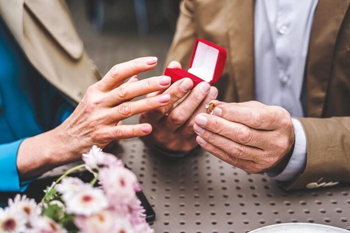 Beautiful senior couple bonding outdoors, marriage proposal