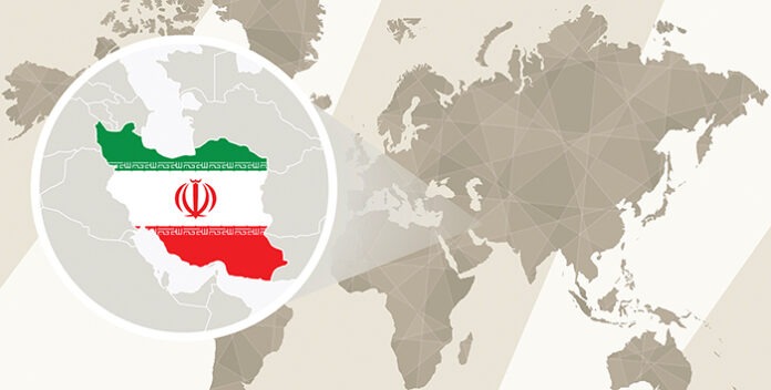 Zoom on Iran Map and Flag. World Map.