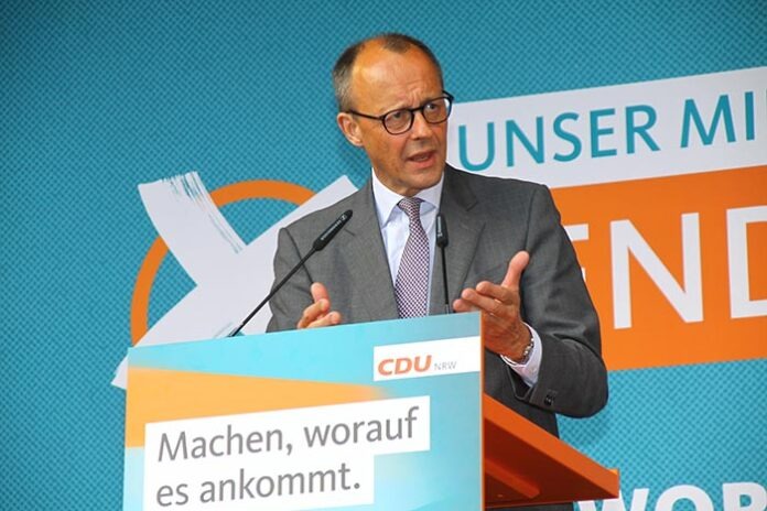 paderborn, nrw, germany, may, 04. 2022; cdu - party chairman friedrich merz speaks at an election campaign event, state elections in nrw,