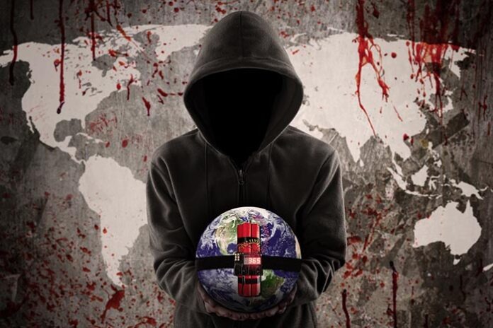 Terrorist holds time bomb with bloody map