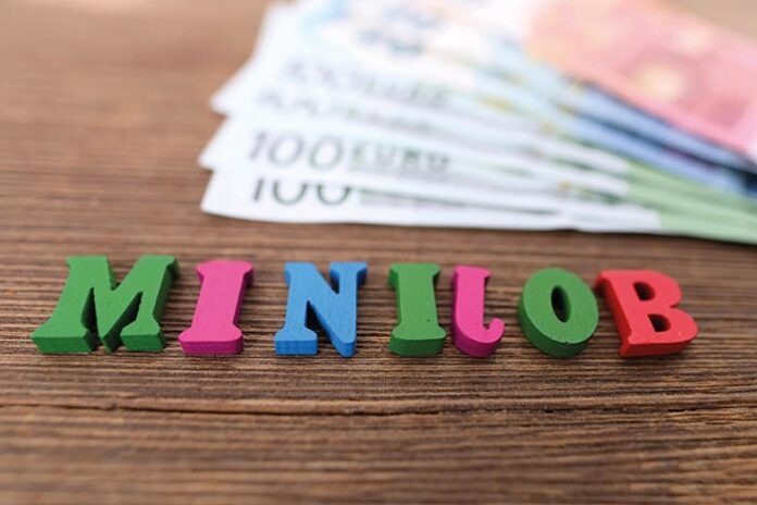 euro banknotes, wallet, word in German Minijob made of colored l