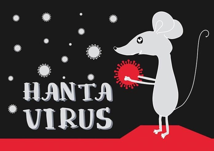 Hantavirus. Chinese virus. Covid-19. Coronavirus. Warning. Hantavirus microbe with warning tapes. Vector illustration