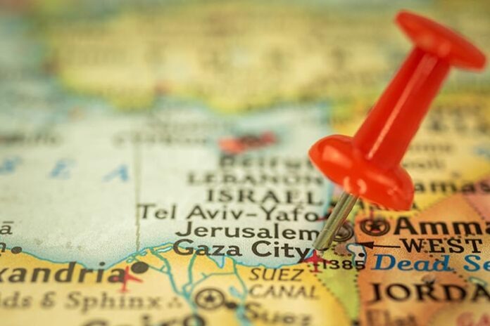Location Gaza City in State of Palestine, travel map with push pin point marker close-up, political Asia journey concept