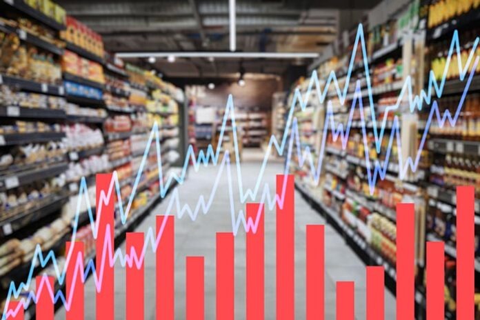 Chart, double exposure and supermarket for inflation increase in