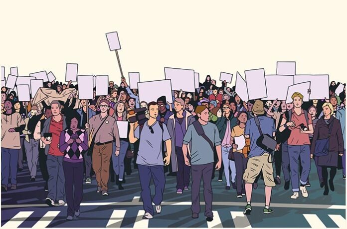 Illustration of peaceful crowd protest with blank signs in high