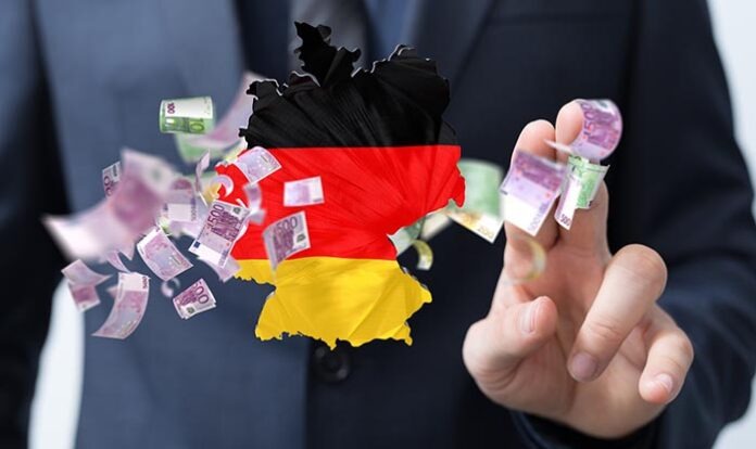 3d illustration of the map of Germany and money floating near a hand, economy