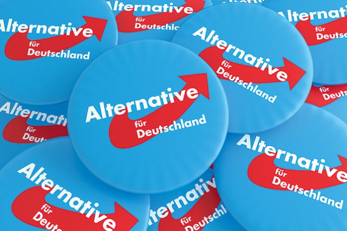 German Election Politics Badges Concept: Pile of AfD Buttons, 3d illustration