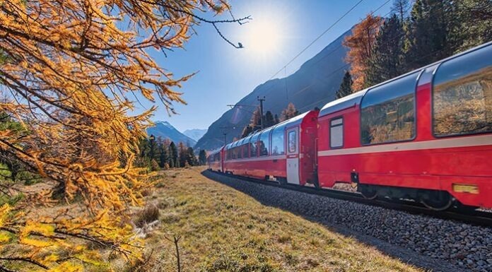 Bernina Swiss red train in autumn